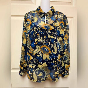 Soft Surroundings Sheer Shimmer Floral Blouse Black Nvy Yellow Sz Small